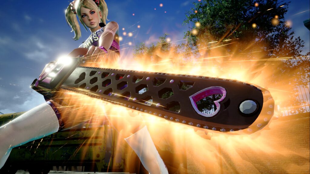 Juliet Starling chainsawing zombies in Lollipop Chainsaw RePOP gameplay screenshot