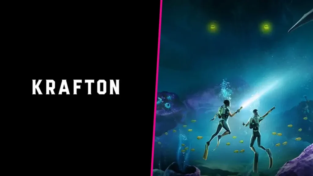 Krafton logo next to Subnautica 2 underwater concept with leadership portraits faded in background.