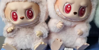 Side-by-side comparison of real and fake Labubu plush toys with visible tags and QR codes