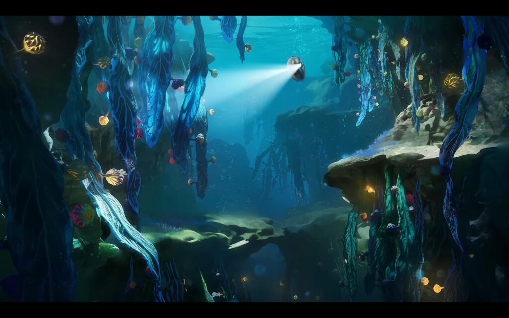 Concept art of Subnautica 2’s underwater world with looming sea creatures and ocean base