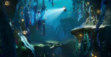 Concept art of Subnautica 2’s underwater world with looming sea creatures and ocean base