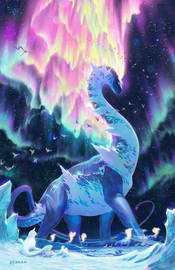 Fan-made Pokémon painting titled “Primordial of the Auroras” featuring giant Aurorus and 12 hidden Pokémon species in a Where’s Waldo-style layout.