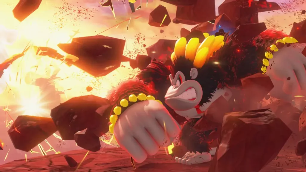 Donkey Kong and Pauline exploring underground caverns in Donkey Kong Bananza