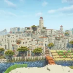 Minecraft desert town with sandstone buildings, central square, and custom tree by PresidentSkillz