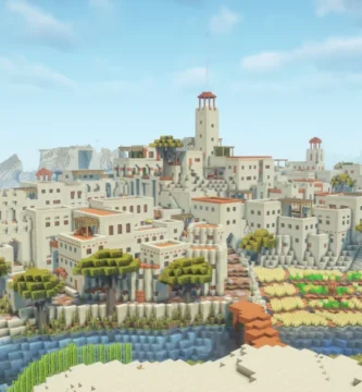 Minecraft desert town with sandstone buildings, central square, and custom tree by PresidentSkillz