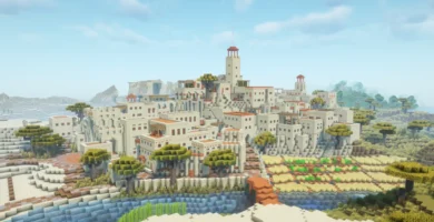 Minecraft desert town with sandstone buildings, central square, and custom tree by PresidentSkillz