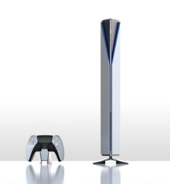 Concept art of the PlayStation 6 console with futuristic design and Sony branding