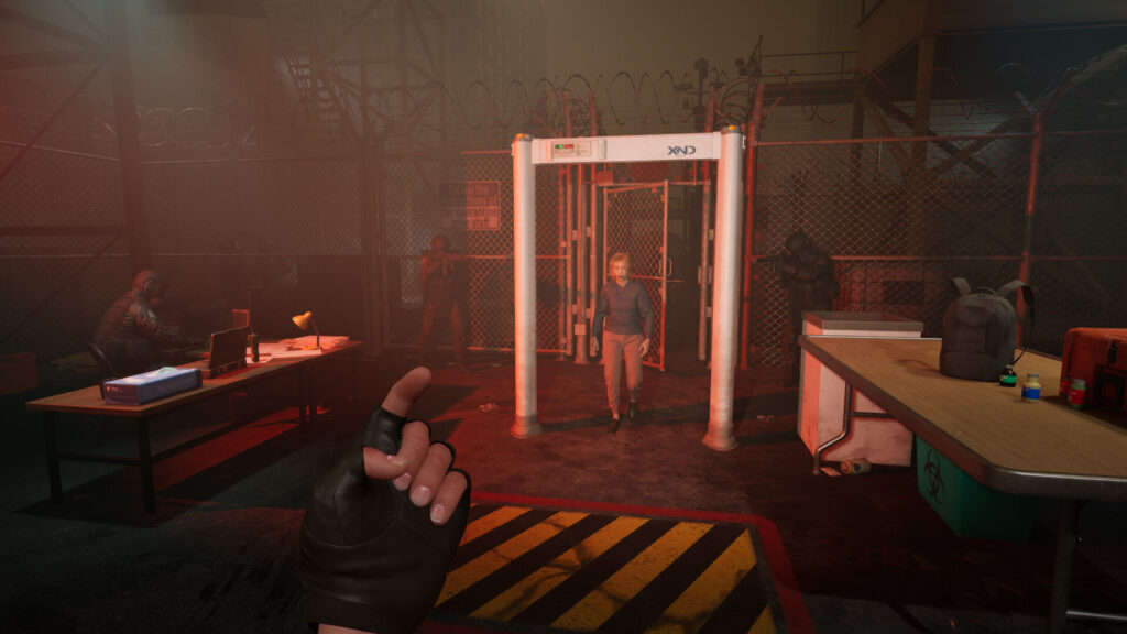 Screenshot from Quarantine Zone: The Last Check showing checkpoint inspection gameplay and a character being scanned for infection.