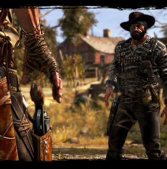 Call of Juarez cowboy aiming revolver in desert sunset with Unreal Engine 5 lighting