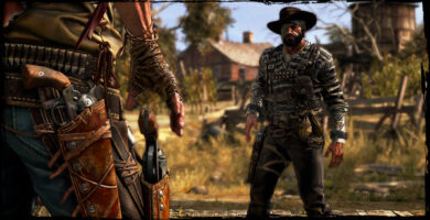 Call of Juarez cowboy aiming revolver in desert sunset with Unreal Engine 5 lighting