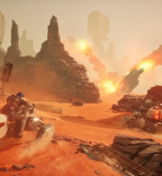 Dune: Awakening gameplay showing desert landscape with vehicles and sandworms, highlighting player reimbursements announcement.