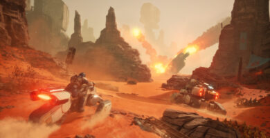 Dune: Awakening gameplay showing desert landscape with vehicles and sandworms, highlighting player reimbursements announcement.
