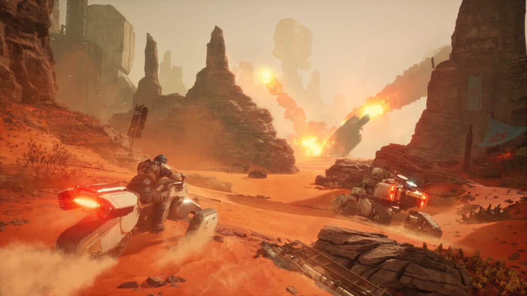 Dune: Awakening gameplay showing desert landscape with vehicles and sandworms, highlighting player reimbursements announcement.