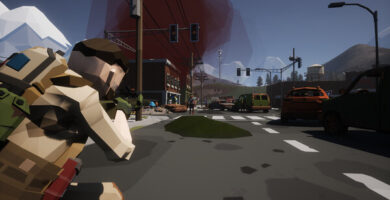 SurrounDead gameplay screenshot showing post-apocalyptic survival in low-poly style