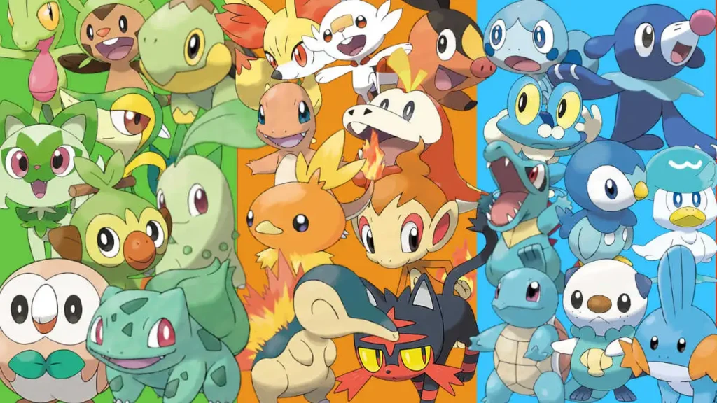 Starter Pokémon from all generations lined up, highlighting the most popular starter trios according to Pokémon fans