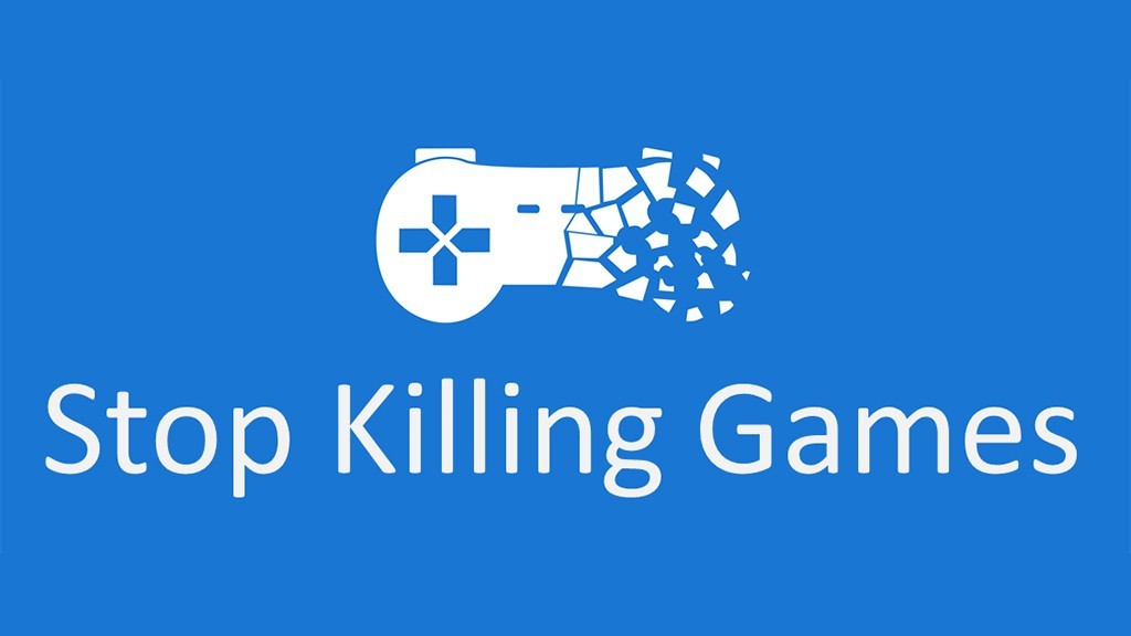 Protest-style banner showing 820,000 signature milestone for Stop Killing Games petition, with images of delisted titles and a broken server icon.