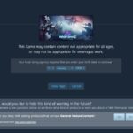 Steam user interface showing age verification popup for mature-rated games