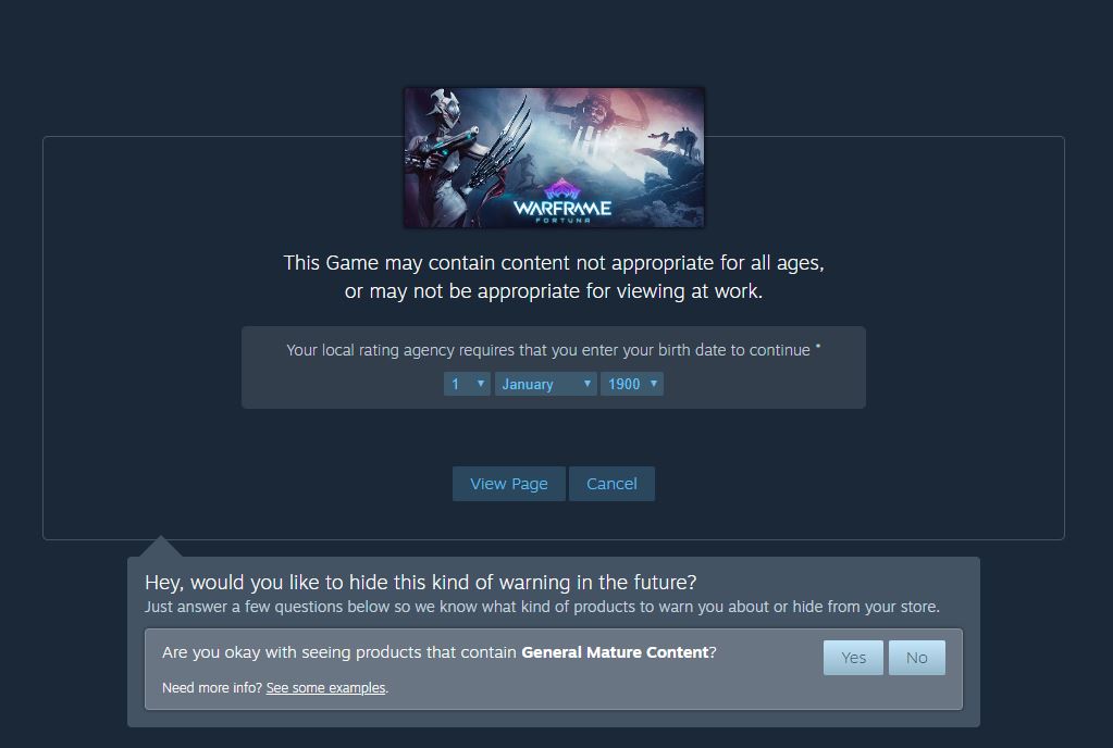 Steam user interface showing age verification popup for mature-rated games