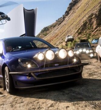 Forza Horizon 5 gameplay screenshot on PlayStation 5 showing cars racing through a vibrant landscape