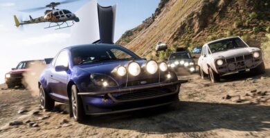 Forza Horizon 5 gameplay screenshot on PlayStation 5 showing cars racing through a vibrant landscape