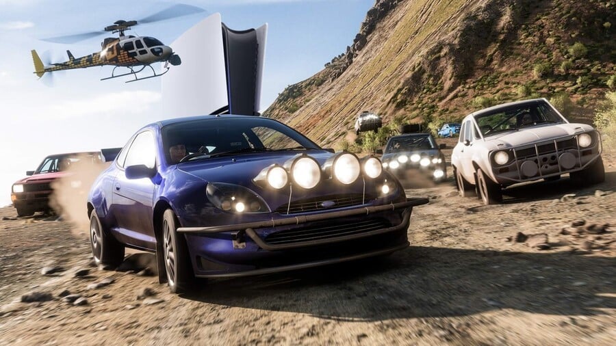 Forza Horizon 5 gameplay screenshot on PlayStation 5 showing cars racing through a vibrant landscape