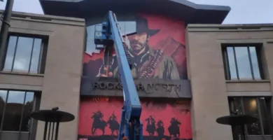 Rockstar Games headquarters with GTA 6 and Red Dead Redemption imagery hinting at multiple projects in development.