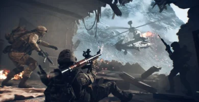 Battlefield 6 gameplay scene showing a soldier under heavy fire in multiplayer combat