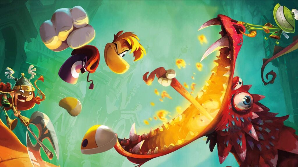 Rayman standing in front of colorful platforming levels, symbolizing Ubisoft’s rumored revival of the franchise.