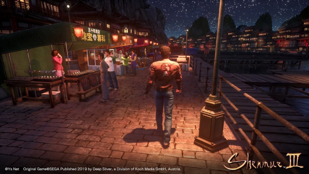 Ryo Hazuki standing in front of Niaowu city in Shenmue 3 Enhanced