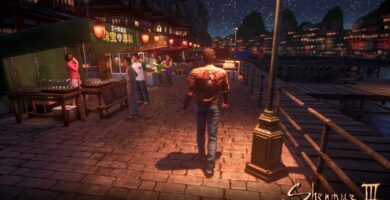 Ryo Hazuki standing in front of Niaowu city in Shenmue 3 Enhanced