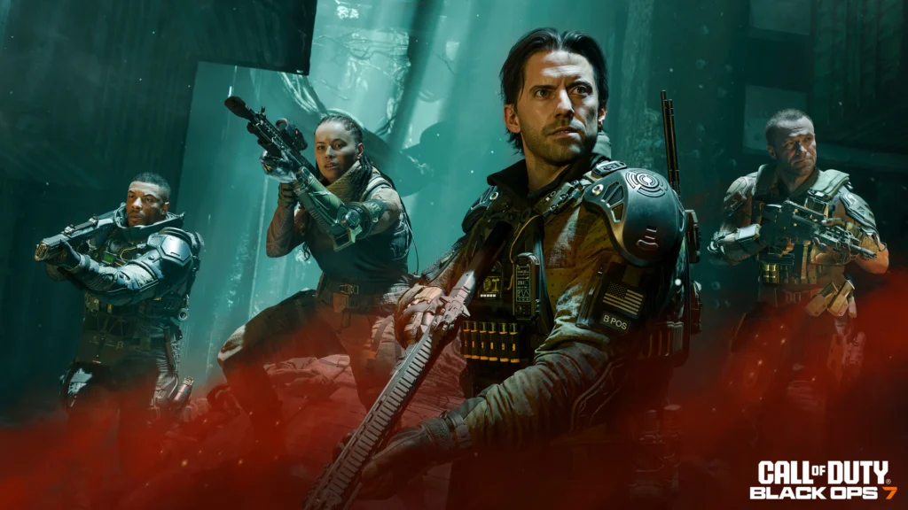 Black Ops 7 campaign screenshot showing co-op squad action