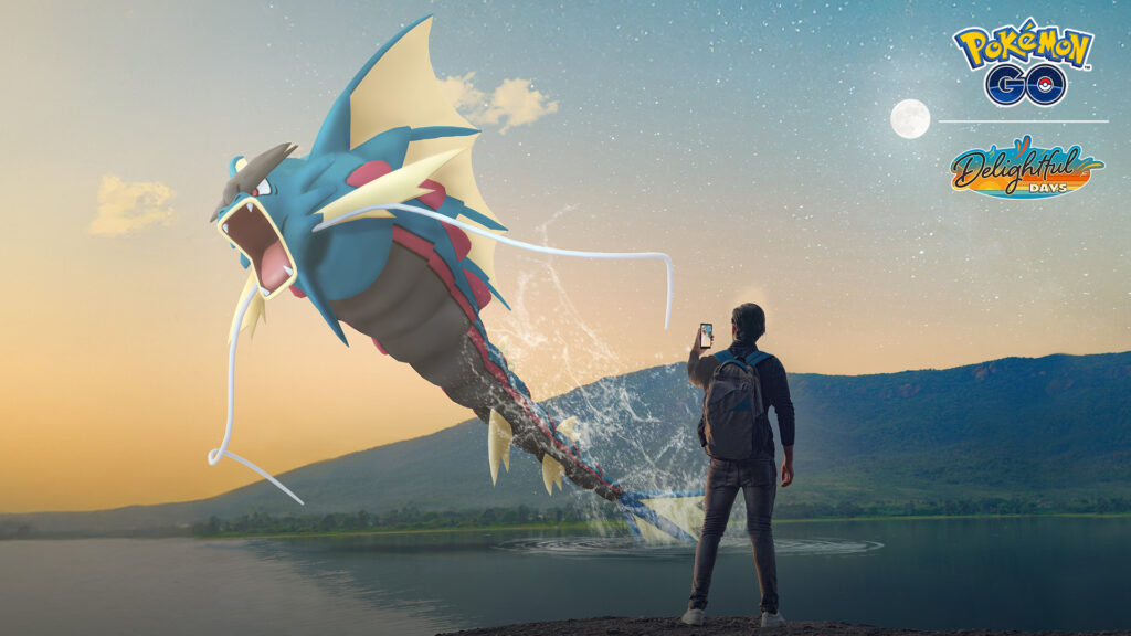 Mega Gyarados showcased in Pokémon GO Raid Day with Aqua Tail and trainers battling in Gyms