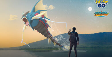 Mega Gyarados showcased in Pokémon GO Raid Day with Aqua Tail and trainers battling in Gyms