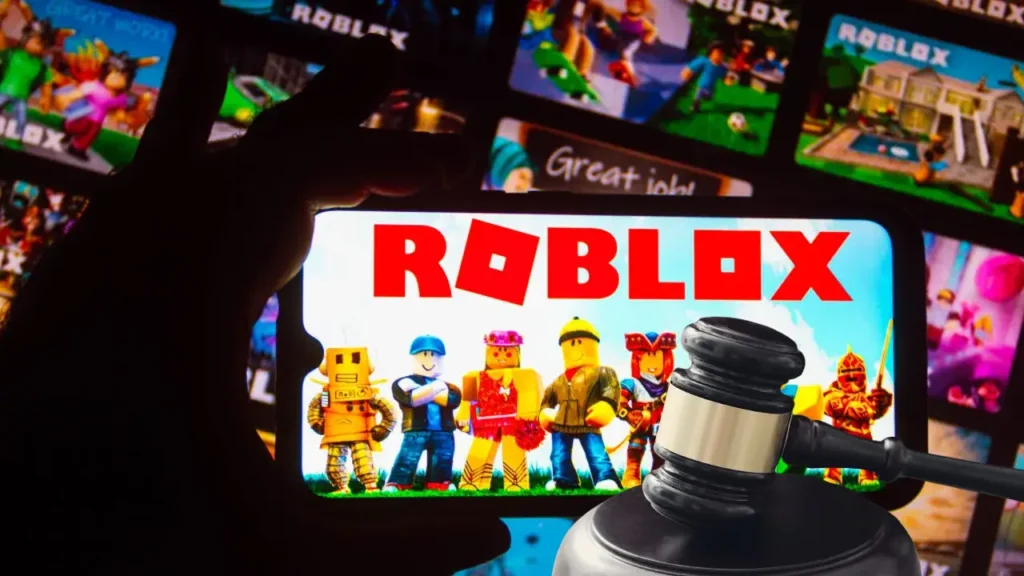 Roblox logo with a courtroom gavel symbolizing Louisiana child safety lawsuit