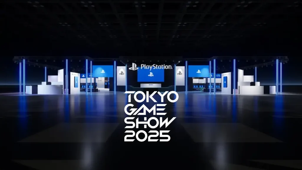 Sony PlayStation booth at Tokyo Game Show 2025 featuring Ghost of Yotei, Marvel Tokon, and Astro Bot banners