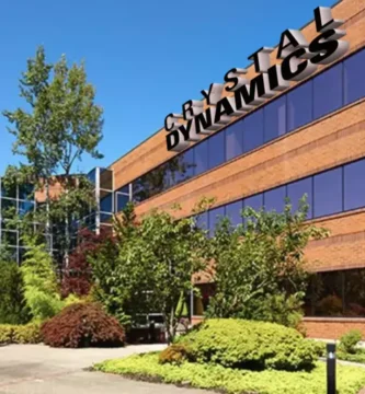 Crystal Dynamics logo outside its headquarters in San Mateo, California