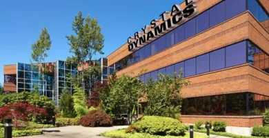 Crystal Dynamics logo outside its headquarters in San Mateo, California