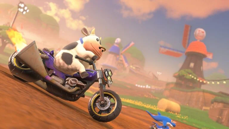 Mario Kart World Cow character wearing a brass nose ring in Nintendo’s Switch 2 racing game