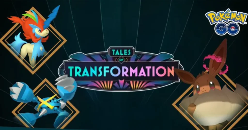 Pokémon GO Tales of Transformation teaser featuring Mega Metagross, Gigantamax Eevee, and Keldeo Resolute silhouettes.