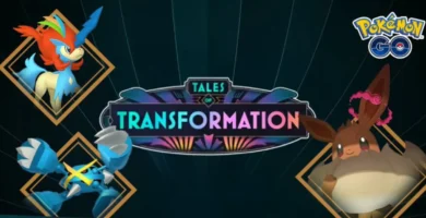 Pokémon GO Tales of Transformation teaser featuring Mega Metagross, Gigantamax Eevee, and Keldeo Resolute silhouettes.