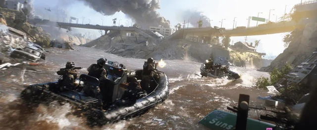 Battlefield 6 concept art showing expansive open battlefield with vehicles and infantry in combat