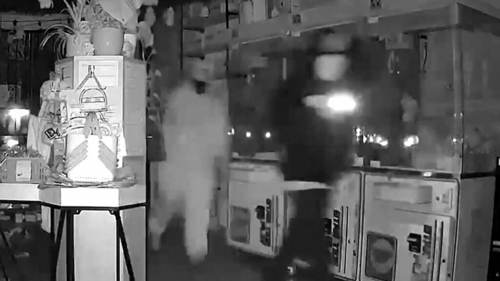 Security footage showing masked suspects stealing Labubu dolls from La Puente store