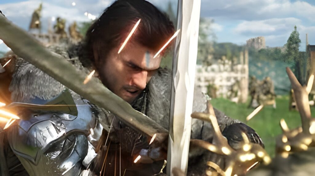 Crimson Desert gameplay screenshot showing protagonist Kliff Macduff in a medieval fantasy landscape