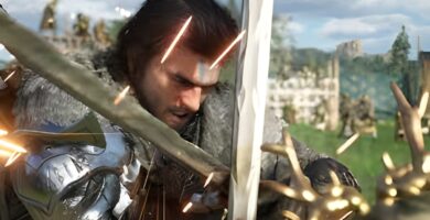 Crimson Desert gameplay screenshot showing protagonist Kliff Macduff in a medieval fantasy landscape