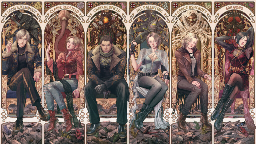 RE 30th Anniversary artwork featuring Leon, Claire, Jill, Chris, Ada, and Grace Ashcroft