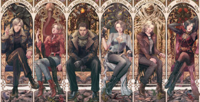 RE 30th Anniversary artwork featuring Leon, Claire, Jill, Chris, Ada, and Grace Ashcroft