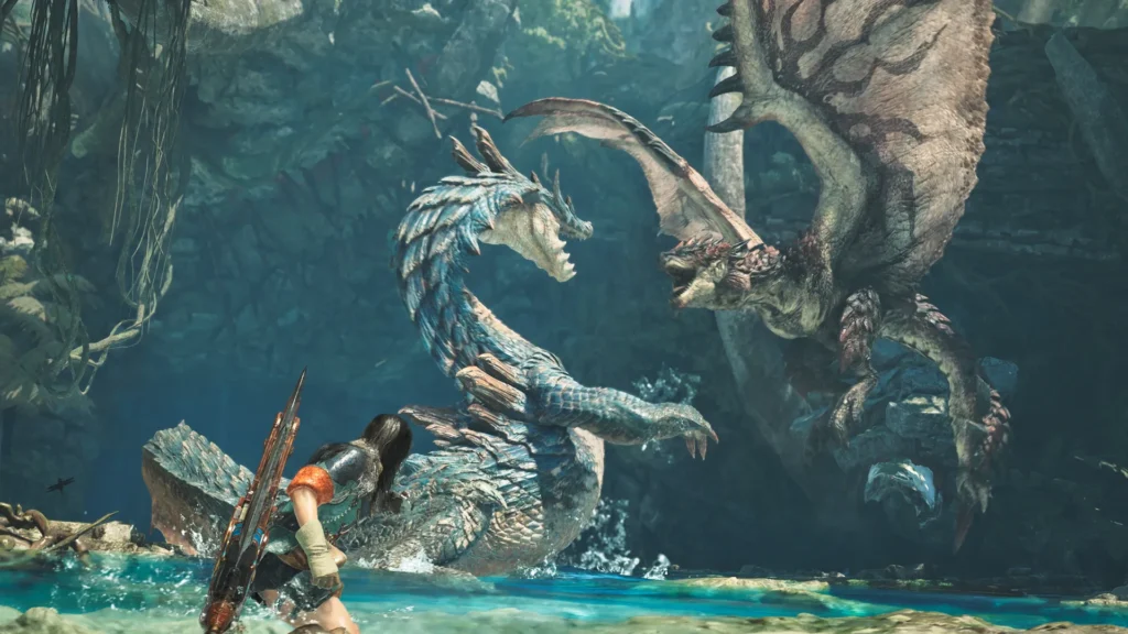 Monster Hunter Wilds gameplay screenshot with text overlay about Update 1.021 crash bug