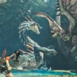 Monster Hunter Wilds gameplay screenshot with text overlay about Update 1.021 crash bug