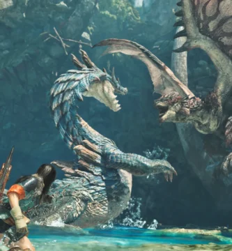 Monster Hunter Wilds gameplay screenshot with text overlay about Update 1.021 crash bug