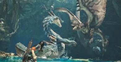 Monster Hunter Wilds gameplay screenshot with text overlay about Update 1.021 crash bug